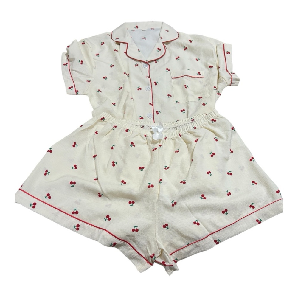Pajama Set with Red Cherry Pattern and Red Piping W Size XL Cream/Red/Green